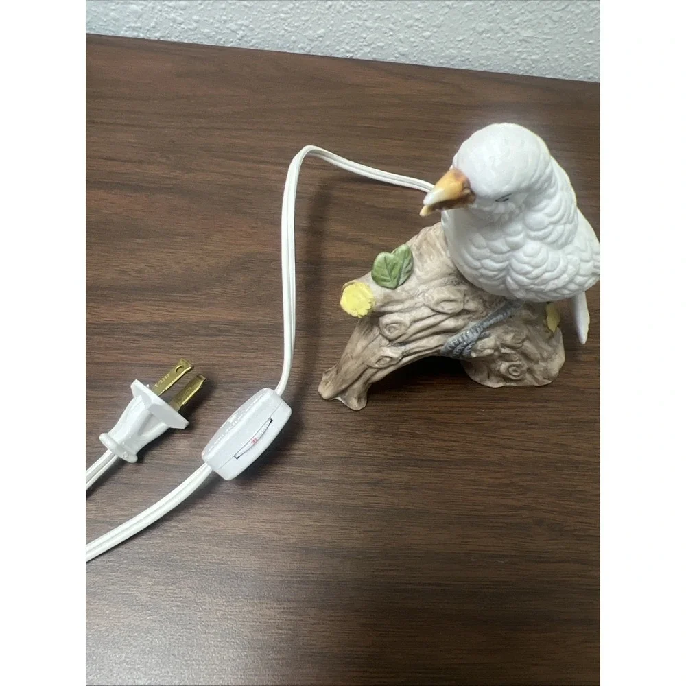 Ceramic Vintage White Bird‎ Perched On Branch Figurine With Light Bulb And Cord